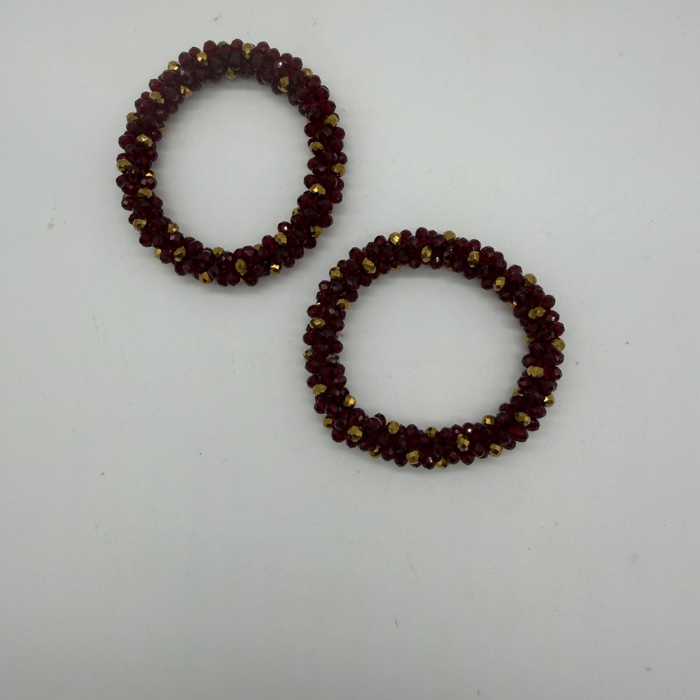 Burgundy and Gold Beaded‎ Stretch Bracelets Set of 2 Faceted Glass Boho Jewelry
